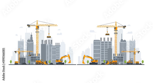 Modern City Construction Site Illustration with Tower Cranes, Excavators, and Skyscrapers Under Development - Flat Vector Design