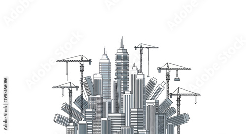 Urban City Construction and Development Vector Illustration with Skyscrapers and Tower Cranes
