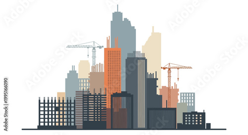 Minimalist City Skyline Construction Vector Illustration with Cranes and Skyscrapers
