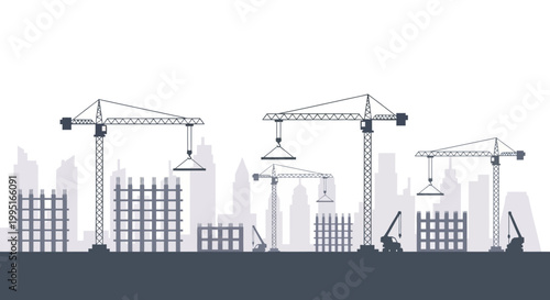Industrial Construction Site with Tower Cranes and Building Frameworks over Urban Cityscape Skyline Vector Illustration