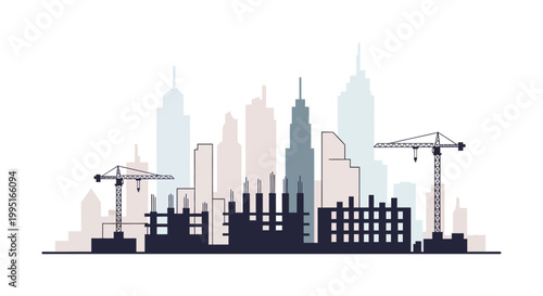 Modern City Skyline Construction Vector Illustration with Cranes and Skyscrapers for Urban Development and Real Estate Concepts