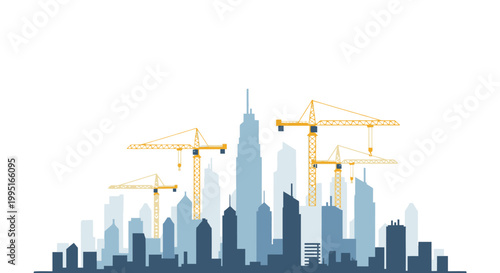 Modern City Skyline Construction with Yellow Cranes and Blue Skyscrapers Vector Illustration on White Background