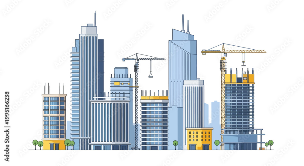 Obraz premium Modern City Skyline Construction Site with Skyscrapers and Tower Cranes - Flat Line Vector Illustration