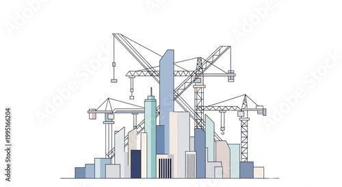 Modern City Skyline Construction Illustration with Tower Cranes and Skyscrapers for Urban Development and Real Estate Concepts