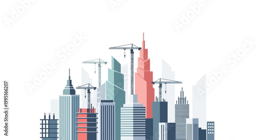 Modern City Construction Skyline Vector Illustration with Cranes and Skyscrapers on White Background