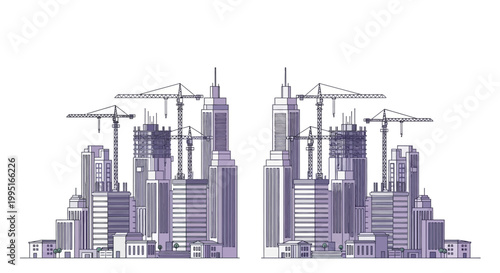 Modern City Construction Illustration with Skyscrapers and Cranes on White Background