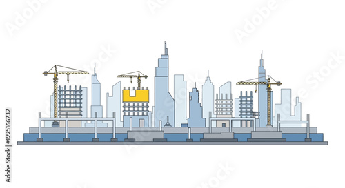 Modern City Construction Site Vector Illustration with Tower Cranes, Building Frames, and Urban Skyline on White Background