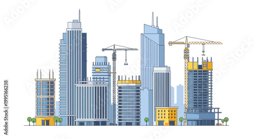 Modern City Skyline Construction Site with Skyscrapers and Tower Cranes - Flat Line Vector Illustration