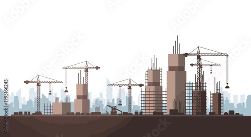 Modern Urban Cityscape Construction Site with Cranes and Scaffolding Illustration for Industrial and Real Estate Development Concept