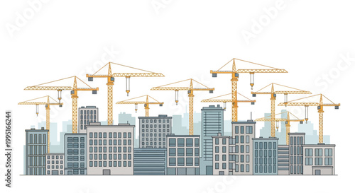 Construction Site Illustration with City Skyline and Tower Cranes: Urban Development Vector Concept