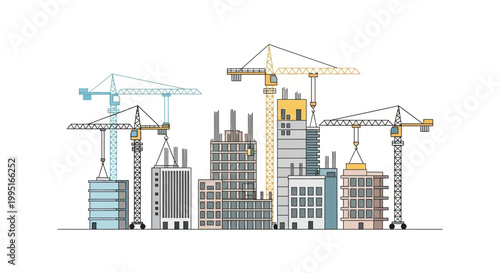 Modern City Construction Site Illustration with Tower Cranes and High-Rise Buildings under Development