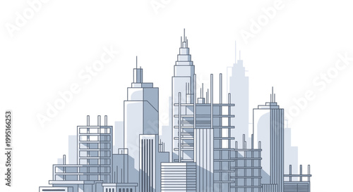 Modern City Construction and Urban Development Vector Illustration. Minimalist Architecture Skyline with Building Frames and Scaffolding for Real Estate and Business Design.