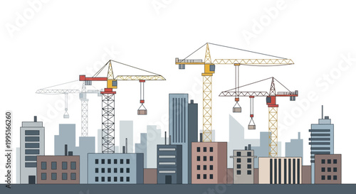 Modern Construction Site with Tower Cranes and City Skyline Buildings Flat Vector Illustration for Urban Development and Real Estate Concepts