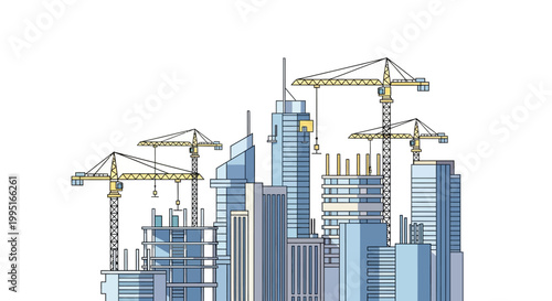 Modern City Skyline Under Construction with Industrial Tower Cranes and High-Rise Skyscrapers Flat Vector Illustration