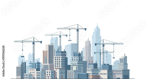 Modern City Construction Site with Cranes and Skyscrapers Flat Vector Illustration