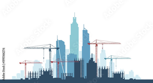 City Skyline Under Construction Illustration with Tower Cranes and Modern Skyscraper Silhouettes