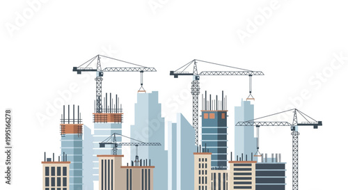 City Construction Site with Tower Cranes and High-Rise Skyscrapers Vector Illustration. Modern Urban Development, Engineering, and Architecture Project Concept.