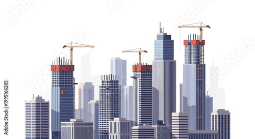 Modern City Skyline Construction Illustration with Skyscrapers and Tower Cranes on White Background