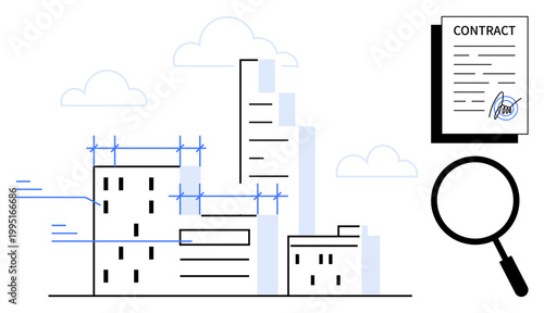 Real estate concept. Real estate illustrated with urban buildings, contract documents, and a magnifying glass. Real estate analysis, property construction, and document review for legal and business