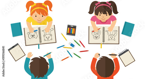 Four children sit around a table, happily engaged in creative activities like drawing and coloring with pencils in their spiral notebooks.
