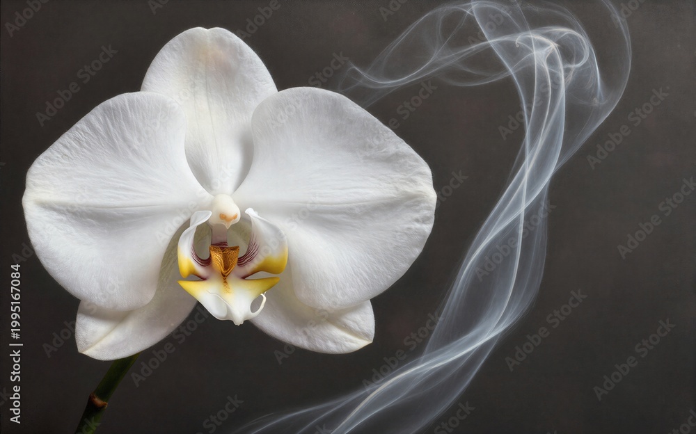 Fototapeta premium White orchid blooms softly beside swirling smoke against a dark