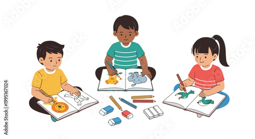 Three happy children are sitting on the floor together, focusing on coloring various animals in their drawing books with colored pencils.