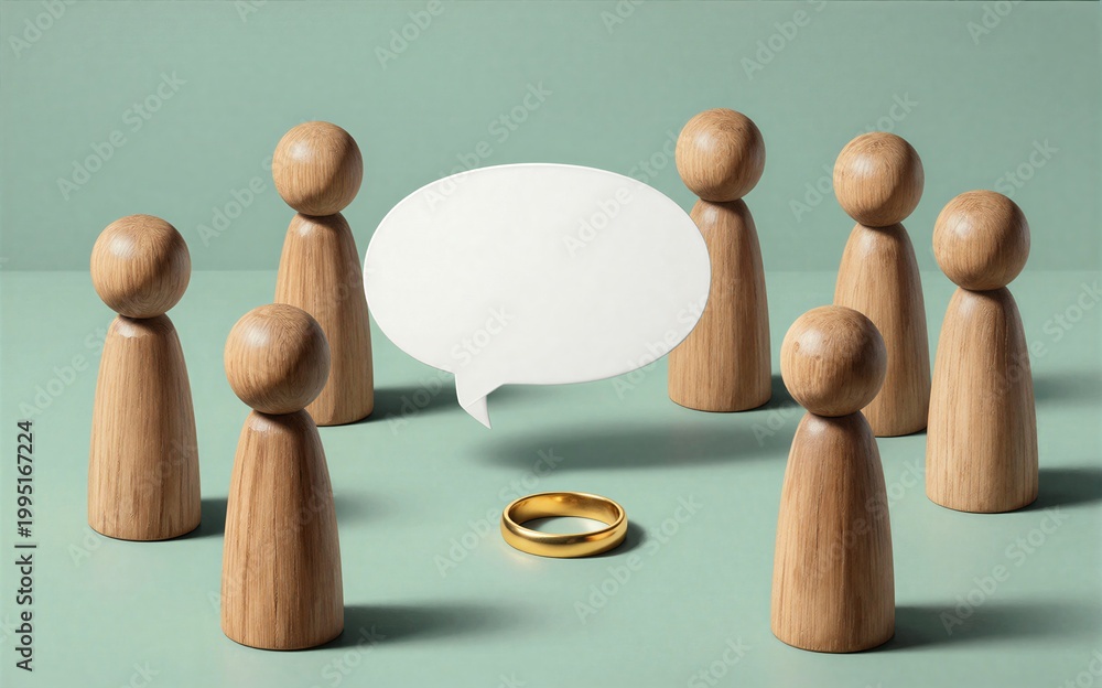 Obraz premium Wooden figures surround a speech bubble and ring symbolizing