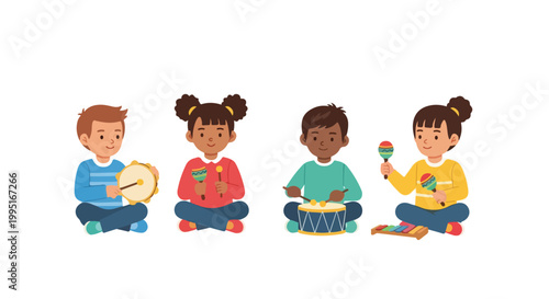 Four diverse children sit cross-legged on the floor, happily playing different musical instruments including a drum, maracas, and a tambourine.