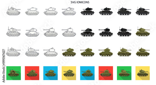 Tableau sur toile Set of Military Tank Icons and Illustrations in Different Styles