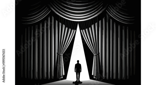 Silhouette of a person standing on stage under spotlight, opening curtains.