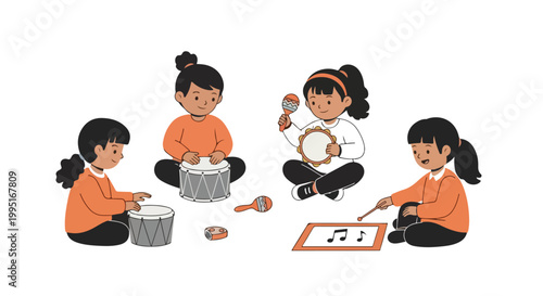 Four young girls are sitting on the floor, happily playing various musical instruments including drums, maracas, and a tambourine together.
