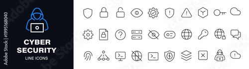 Cyber security line icons set featuring minimal vector symbols, modern outline style, and clean design. Perfect for apps, UI design, web security projects, tech interfaces, and digital branding.
