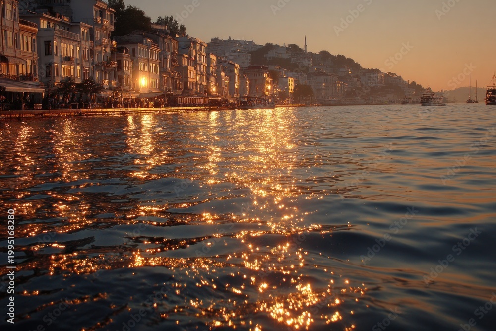 Fototapeta premium Serene Sunset Glow on Waterside Buildings
