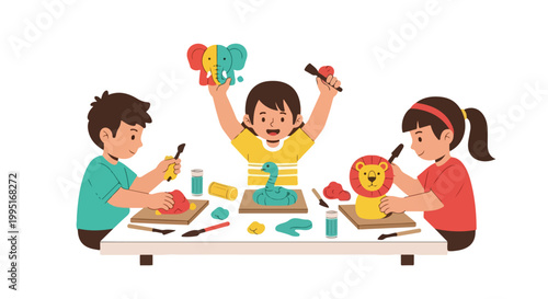 Three creative children are joyfully crafting various clay animal sculptures like a lion and an elephant during an engaging art class session.