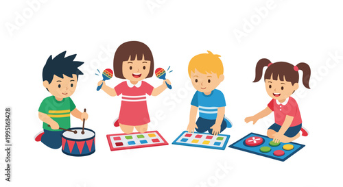 Four happy children are sitting on the floor playing with various musical instruments and interactive learning toys in a colorful vector illustration.