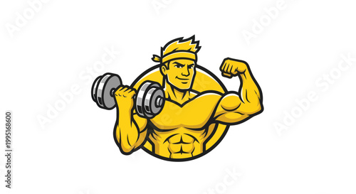 Muscular Man Lifting Dumbbell, Flexing Biceps, Fitness Icon