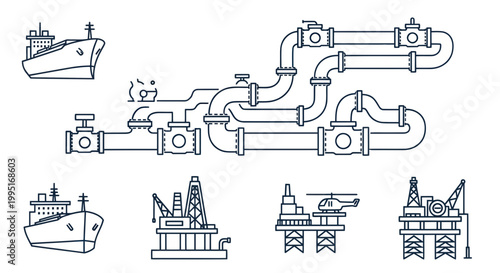 Oil And Gas Industry Icons: Offshore Platforms, Ships, Pipelines, and Helicopter