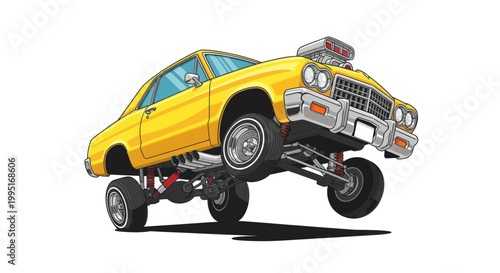 Retro Yellow Lowrider Car Hopping with Hydraulic Suspension, Vintage Custom Vehicle