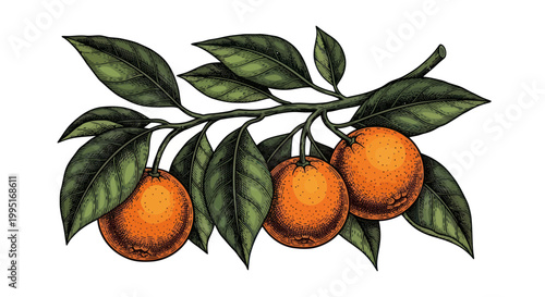 Orange Branch with Leaves and Fruits, Vintage Botanical Illustration