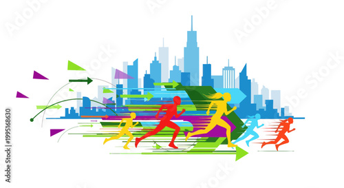 Urban Marathon Runners, Cityscape Background, Colorful Motion Graphics