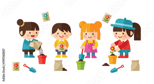 Four cute cartoon children are happily gardening, planting seeds and flowers in colorful pots using various tools like shovels and soil.