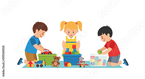 Three kids are tidying up their play area, placing colorful toy cars, building blocks, and balls into different plastic storage containers.