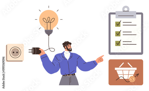 Creativity, planning, productivity, e-commerce, task completion, energy solutions. Man connecting a plug to light bulb, checklist shopping cart icon. Creativity and planning visualization