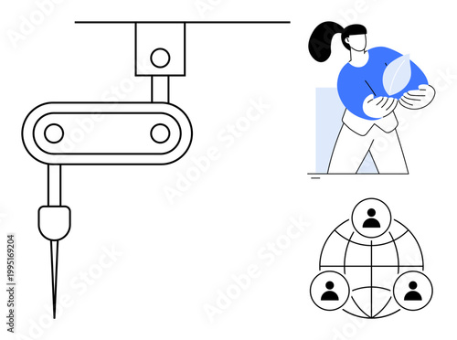 Renewable energy, technology innovation, sustainability, industrial automation, global collaboration, eco-friendly solutions. Robotic device, person holding a leaf symbol network icon. Renewable