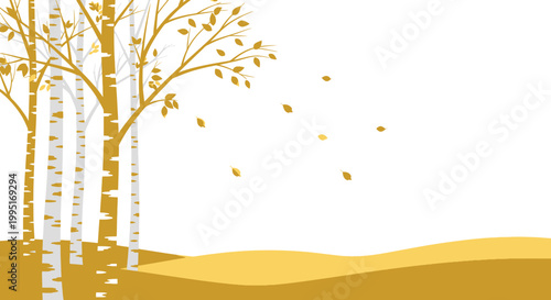 Golden Birch Trees with Falling Leaves in Autumn Landscape