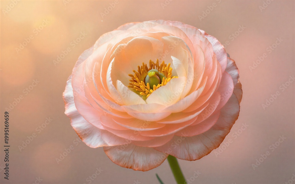 Fototapeta premium Soft pink flower blooms with golden center gentle light radiates