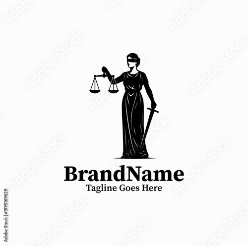  A lady justice silhouette holding scale is illustrated as a symbolic law logo design monochrome classic