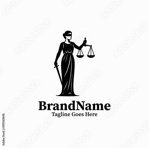  A lady justice silhouette holding scale is illustrated as a symbolic law logo design monochrome classic
