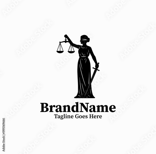  A lady justice silhouette holding scale is illustrated as a symbolic law logo design monochrome classic