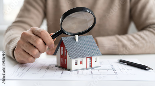 Person's hand with magnifying glass inspecting a house model on blueprints, representing detailed real estate property evaluation